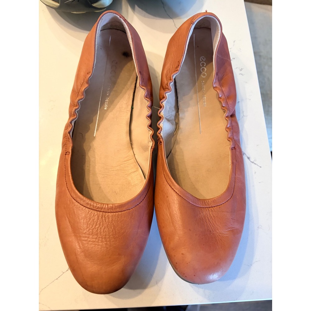 ECCO Ballet Flats Tan Leather Elastic Ankle Scrunched Slip On Shoes